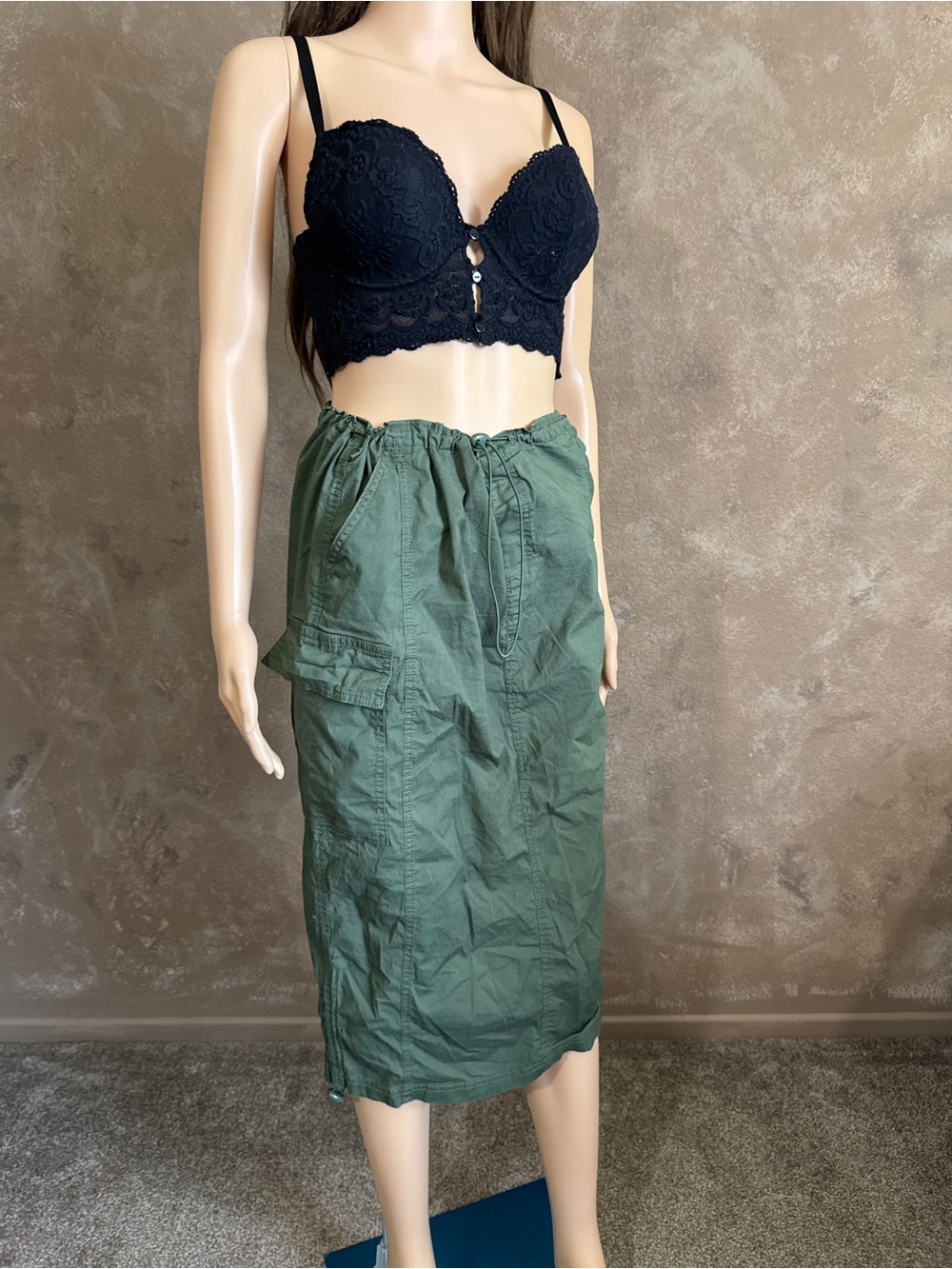 Y2K Euro Skirt Olive Green Utility Midi Skirt Sz M 2000’s Style Outfit